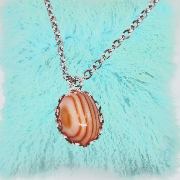.Genuine Banded Agate Stone Pendant with Stainless Steel Chain - Picture 2 of 4